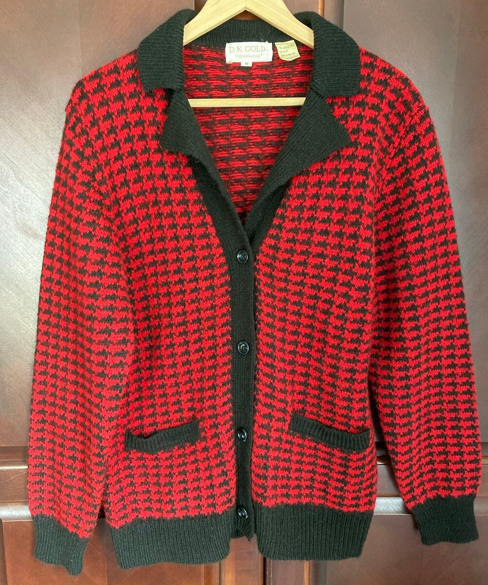 D.K. Gold - Vintage Twee 80s 90s Rockabilly Red Black Houndstooth Cardigan - M